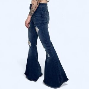 Home Folk women’s flare high rise distressed soft stretch denim boho style jeans